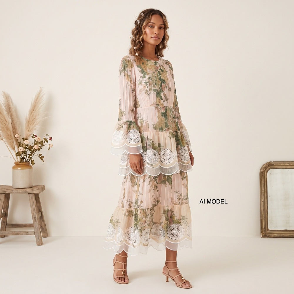 Camellia by Affection Floral Pleated Tiered Eyelet Maxi Dress Womens Small Boho